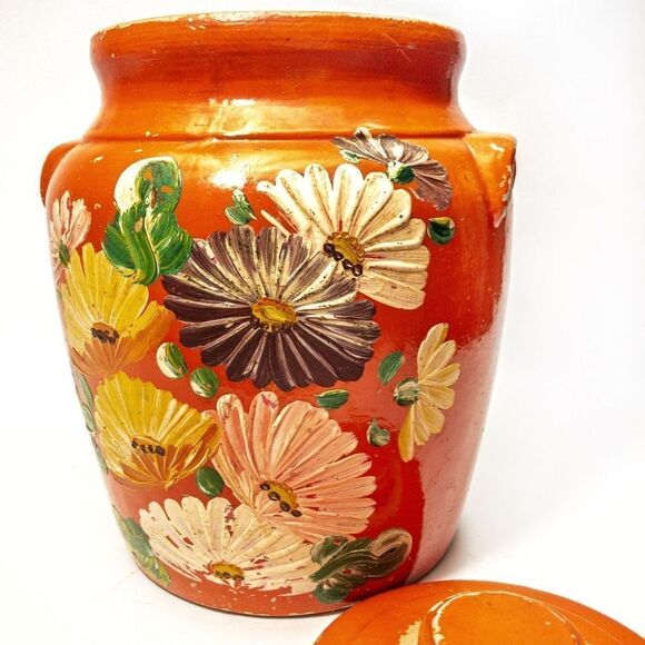 Antique Ransburg Red Asters Hand Painted Stoneware Lidded Cookie Jar/Crock - Picture 7 of 11